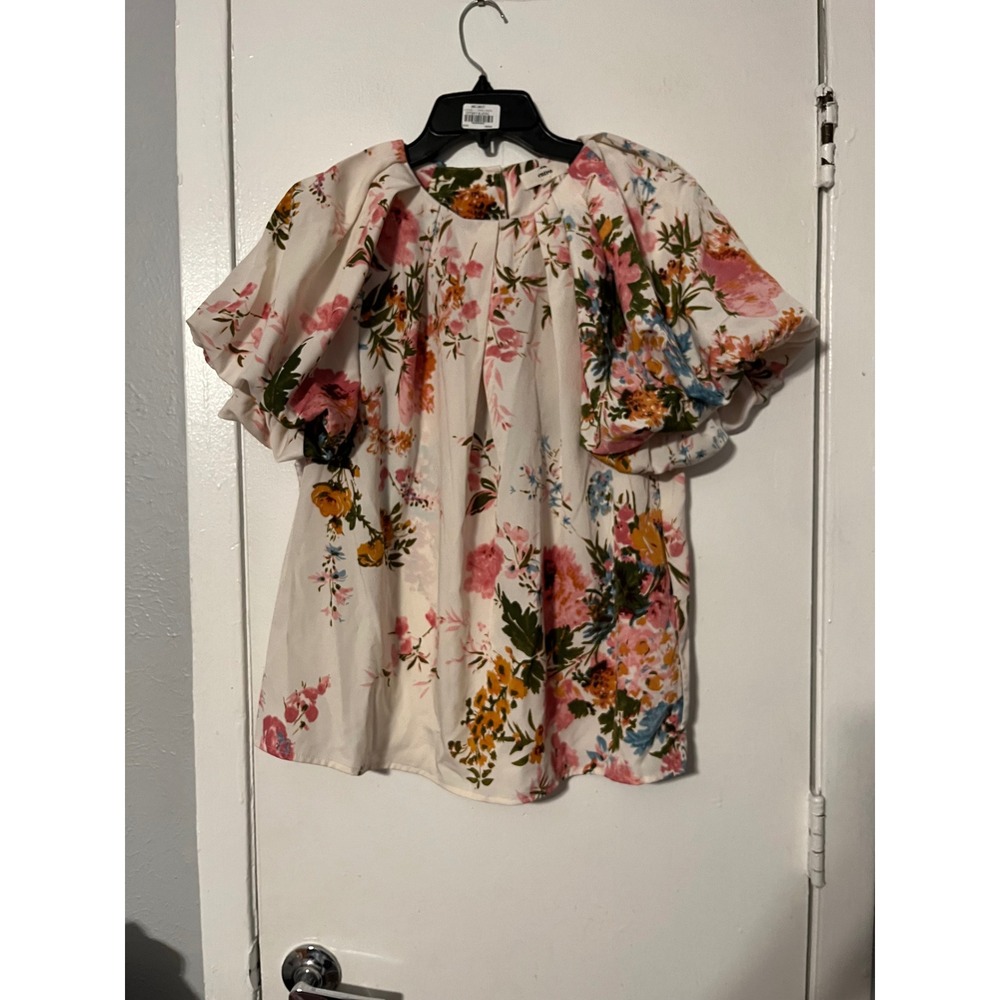 Entro Floral Puff Sleeve Blouse White Pink Orange Pleated Neck T19805 Womens M